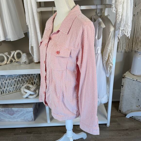 Denim & CO.  size Large Pink & white seer sucker jacket, casual, spring #3767 - Picture 2 of 9